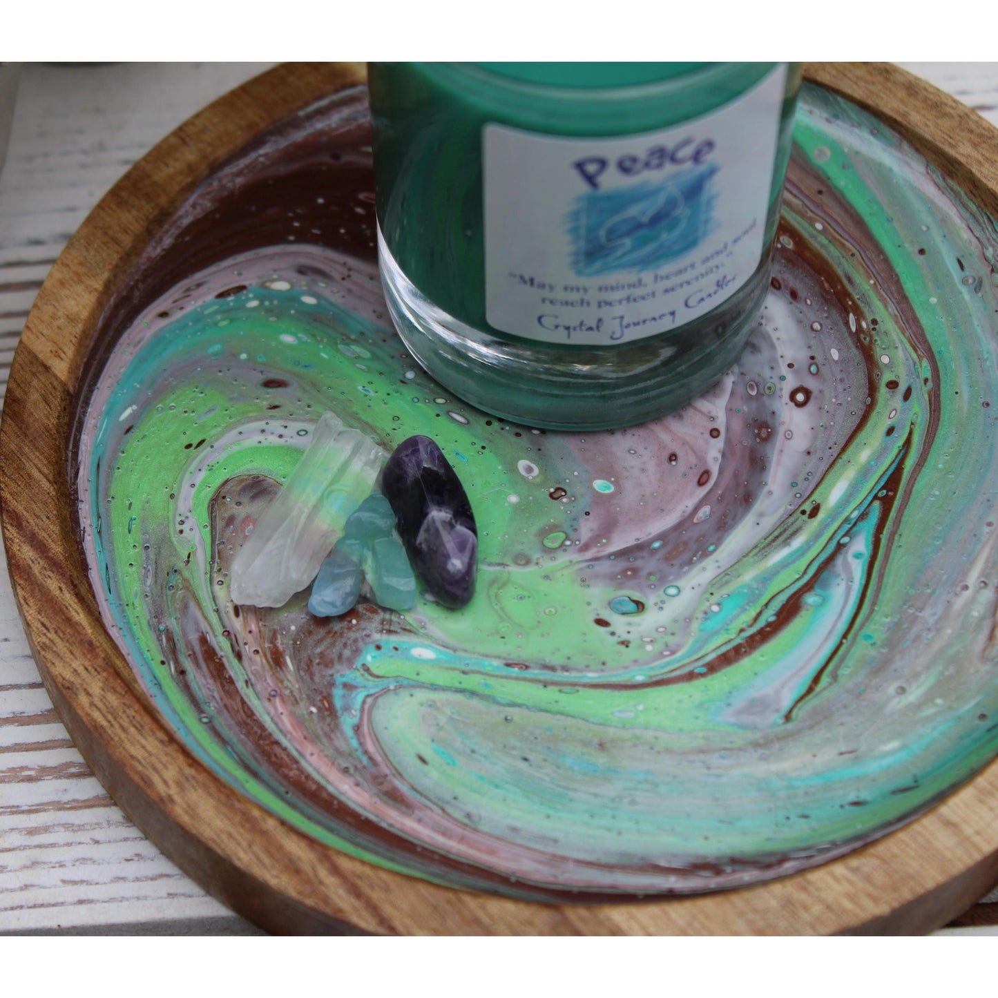 Hand Painted Crystal Candle Holder: Acacia Wood with Amethyst & Aquamarine
