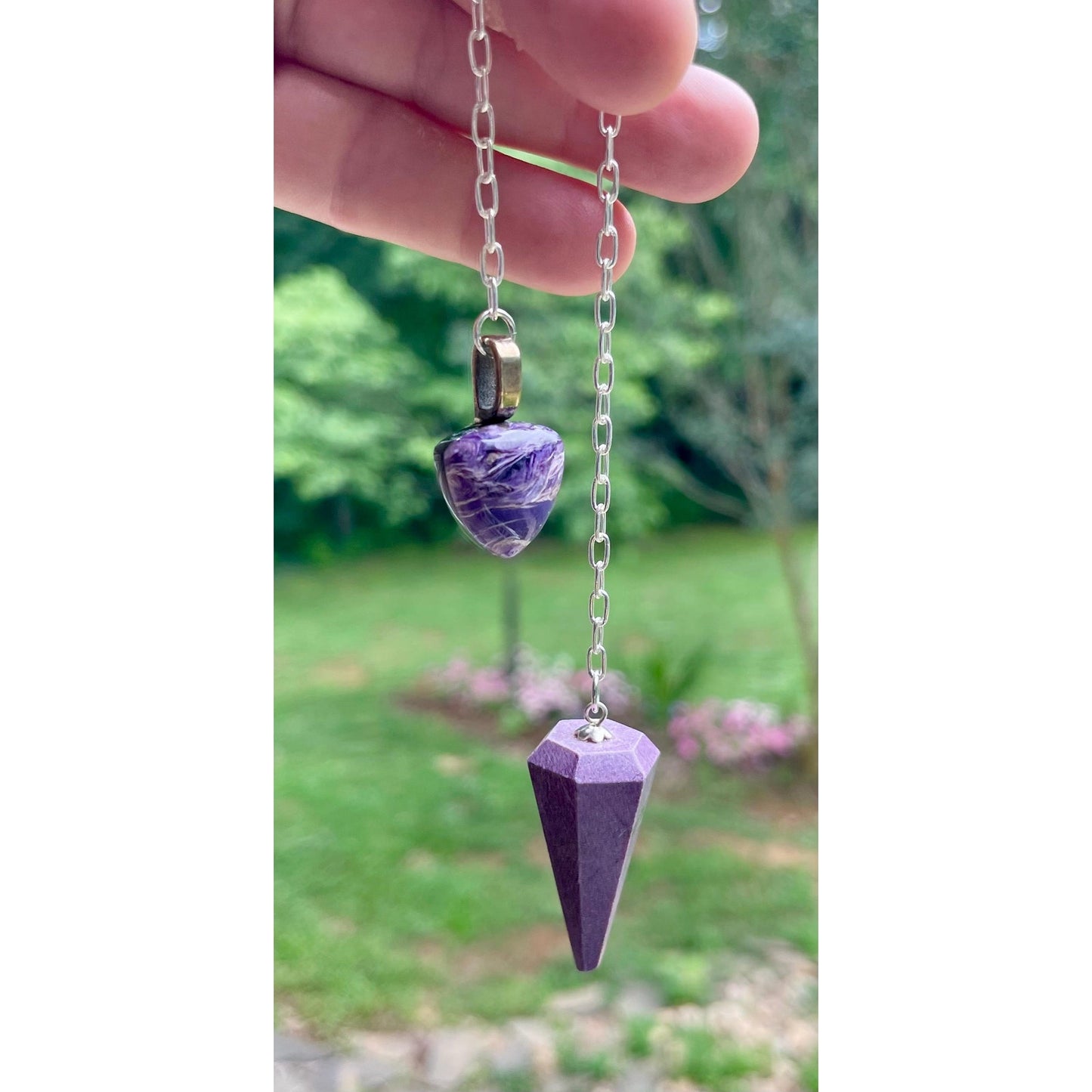 Luxury Stichtite Pendulum with Rare Russian Charoite Handle | Heavy Precious Metal Sterling Silver Chain | Handmade One-of-a-Kind