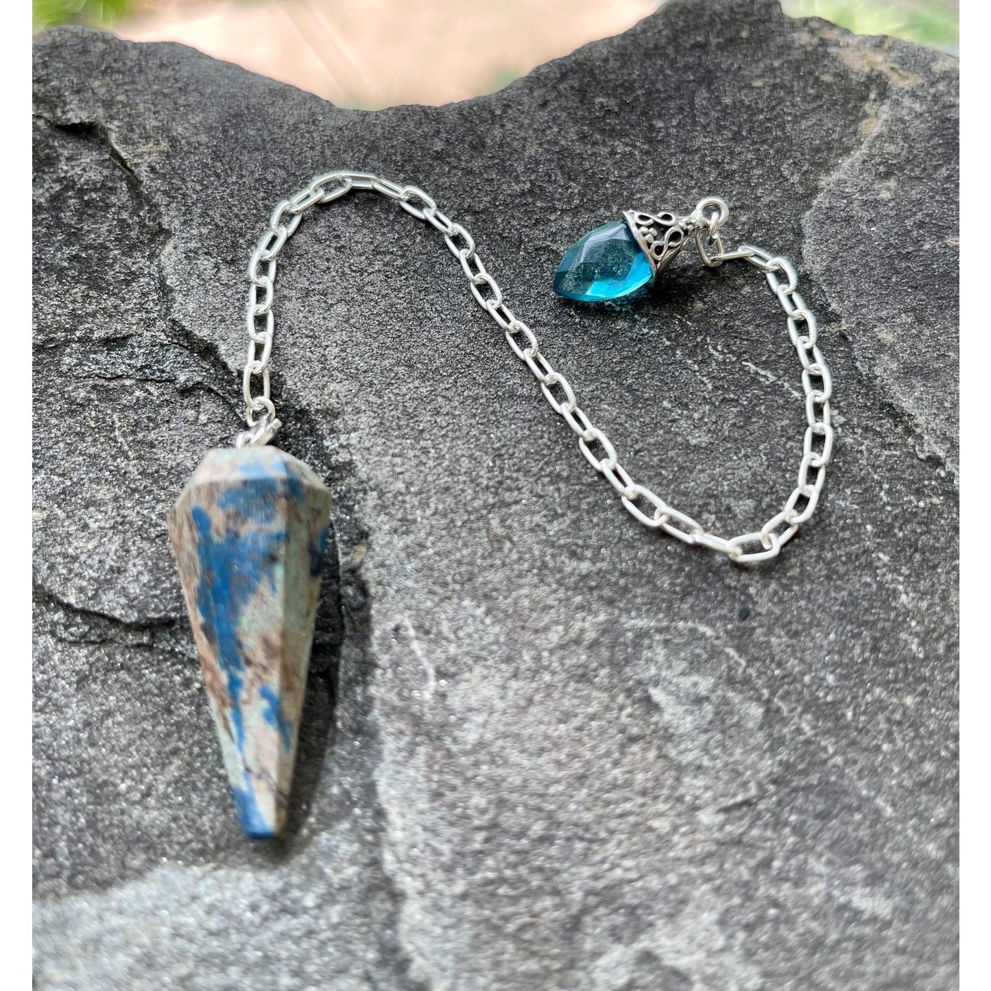 Luxury Chrysocolla Pendulum with Blue Topaz Handle | Sterling Silver Chain | Handmade Crystal Pendulum | Divination Tool | One-of-a-Kind