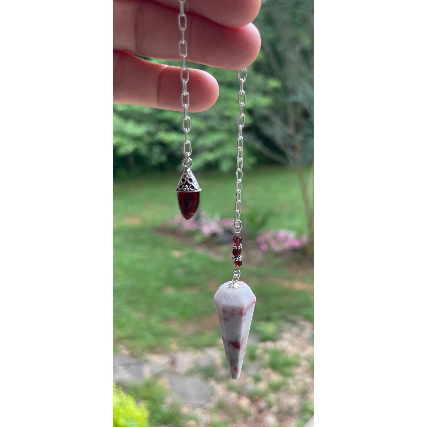 Luxury Cinnabrite Pendulum with Genuine Garnet Handle | Heavy Precious Metal Sterling Silver Chain | Handmade Crystal Pendulum