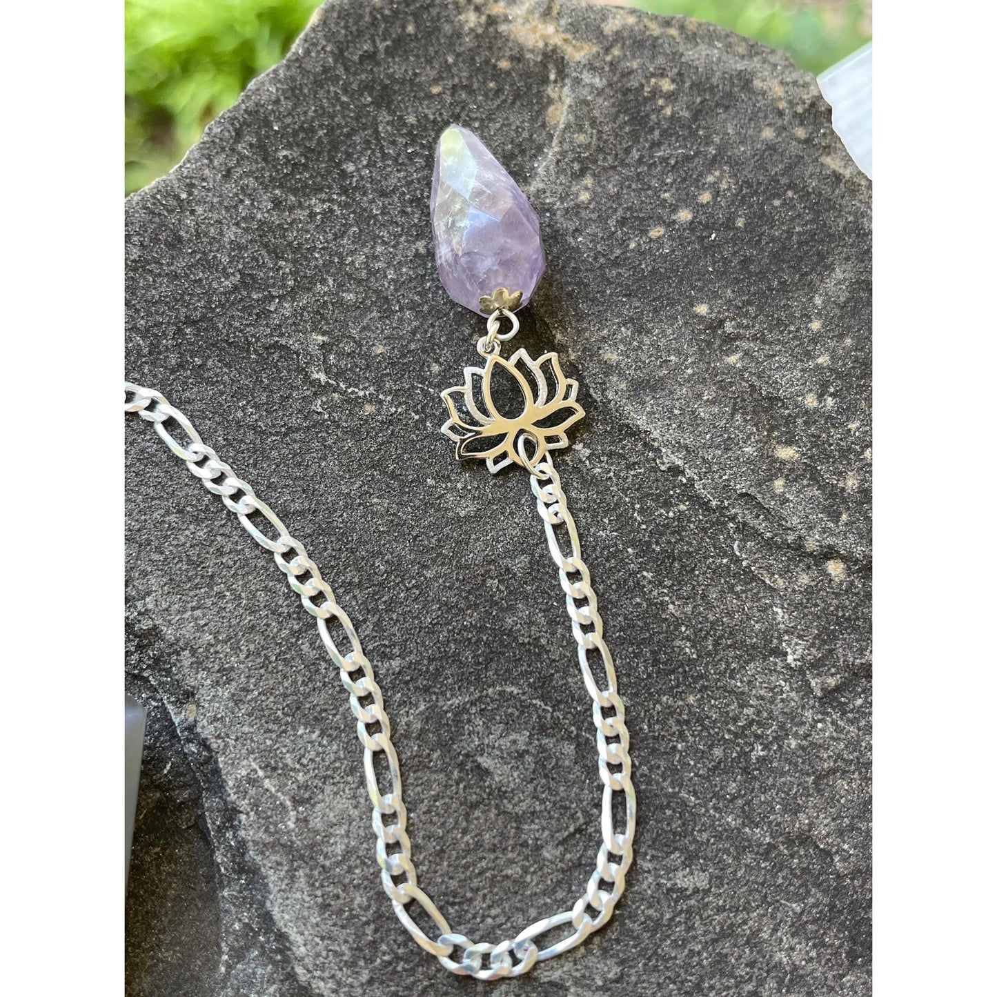 Luxury Dendrite Agate Pendulum | Amethyst Holder | Sterling Silver Lotus | Italian Sterling Silver Plated Chain | Handmade Crystal Pendulum