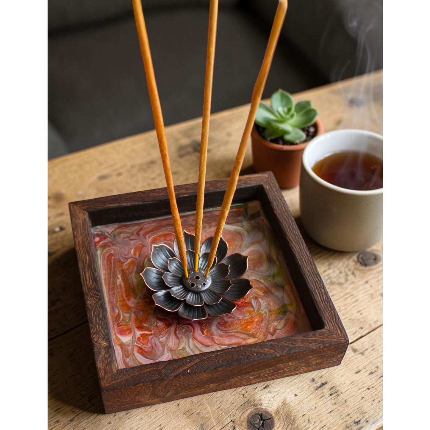 Lotus Incense Holder • Hand Painted Resin Art Tray •