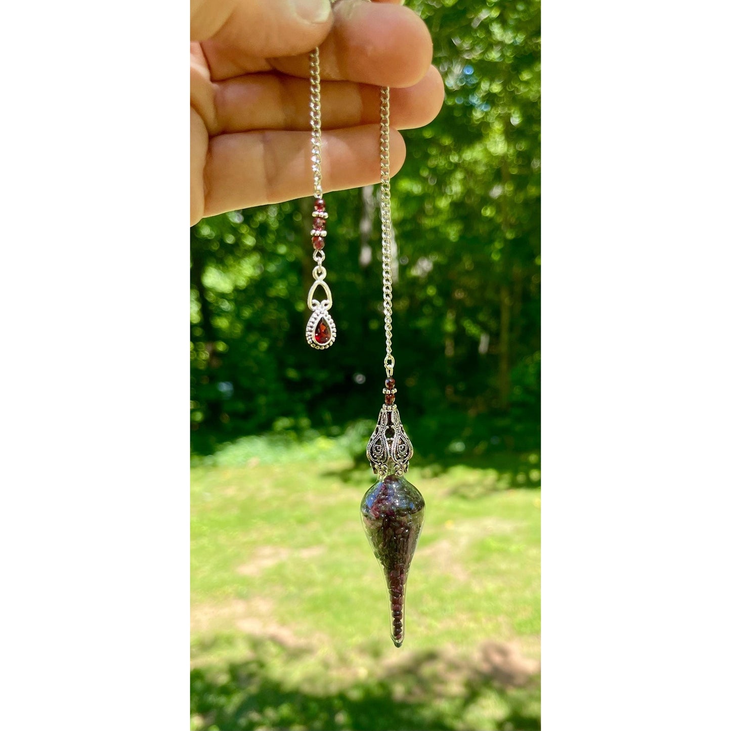 Handcrafted Garnet Vessel Pendulum with Sterling Silver Garnet Accent | Crystal Divination Tool | Reiki Pendulum | Root Chakra Crystal |