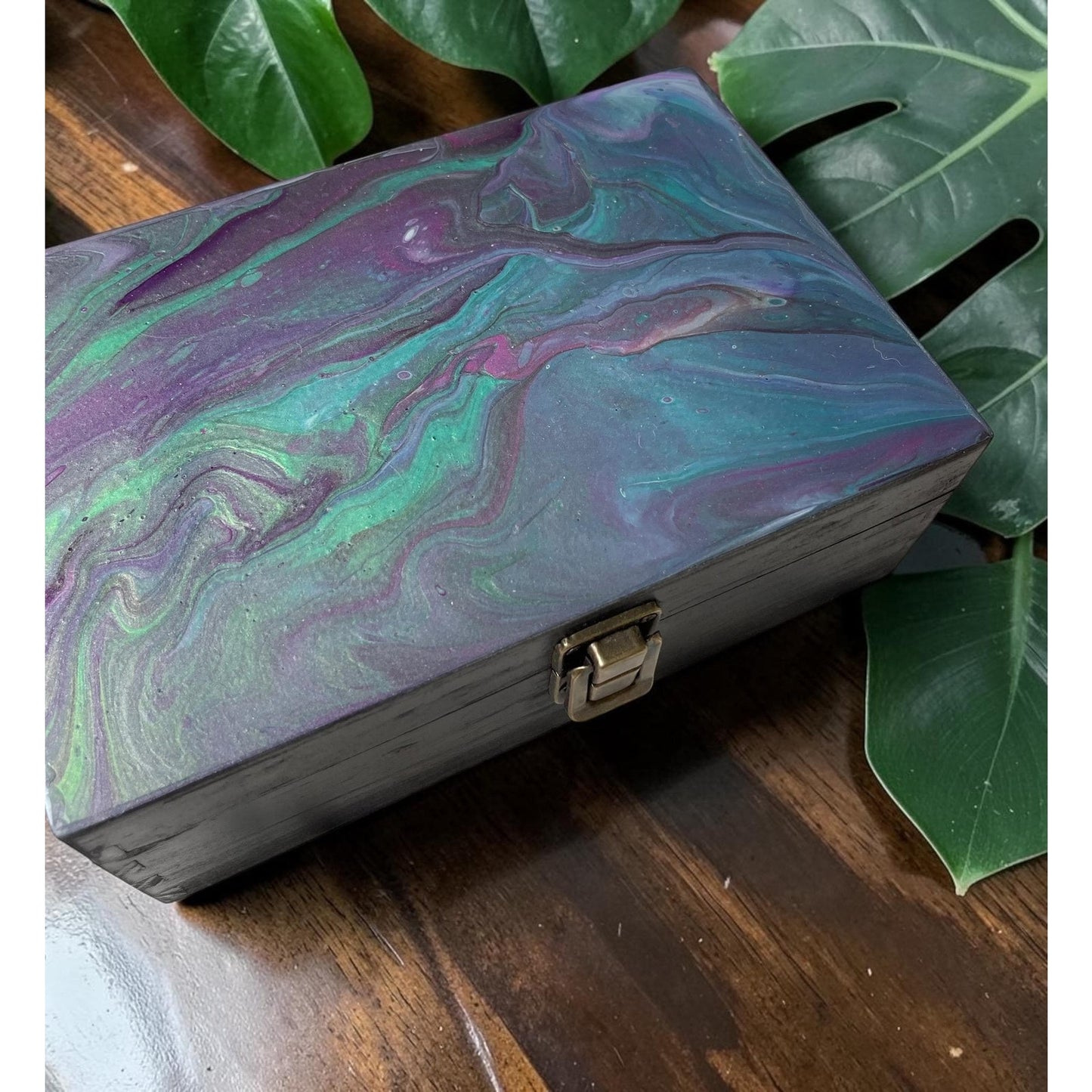 Hand Painted Wooden Stash Box | Abstract Fluid Art Keepsake Box | Crystal & Jewelry Storage | Moody Boho