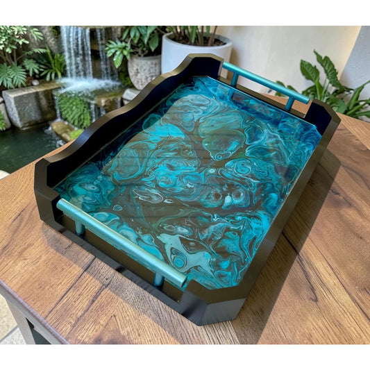 Glacial Vein Resin Art Tray | 14x10 Handmade Serving Tray | Turquoise Fluid Art | Luxury Home Decor | Coastal Decor | Functional Art Tray