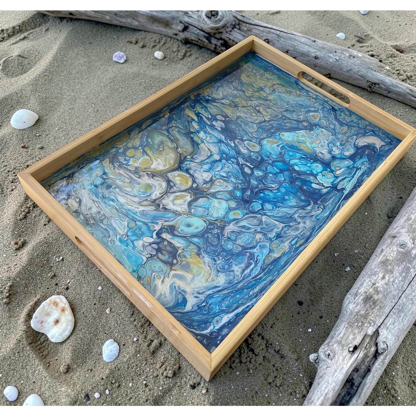 Abyssal Tide Resin Art Serving Tray – Ocean Inspired Acrylic Pour Tray – Bamboo Wood Handle Tray – Coastal Decor – Handmade Functional Art