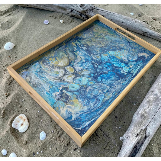 Abyssal Tide Resin Art Serving Tray – Ocean Inspired Acrylic Pour Tray – Bamboo Wood Handle Tray – Coastal Decor – Handmade Functional Art