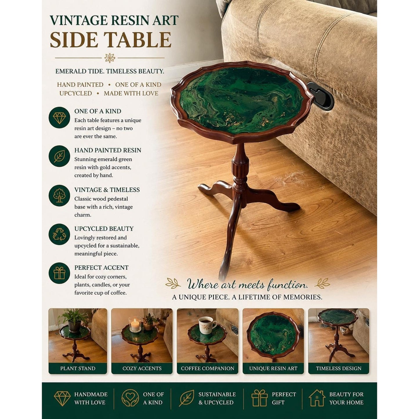 Vintage Resin Art Side Table – Emerald Tide Pour – Hand Painted Wood Table – One of a Kind Accent Table – Upcycled Furniture