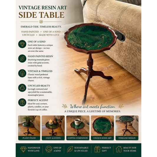 Vintage Resin Art Side Table – Emerald Tide Pour – Hand Painted Wood Table – One of a Kind Accent Table – Upcycled Furniture