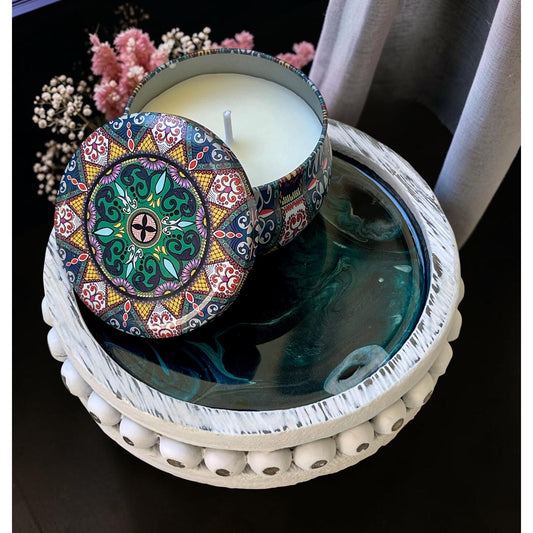 Glacial Vein Collection Mini Resin Tray with Soy Candle | Coastal Farmhouse Decor | Handmade Gift | Artisan Home Accent