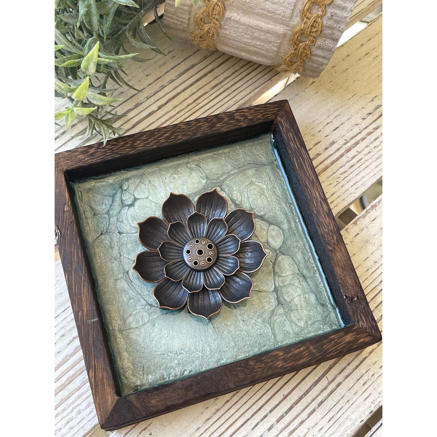 Hand Painted Lotus Incense Holder – Resin Sealed Acrylic Pour Art –