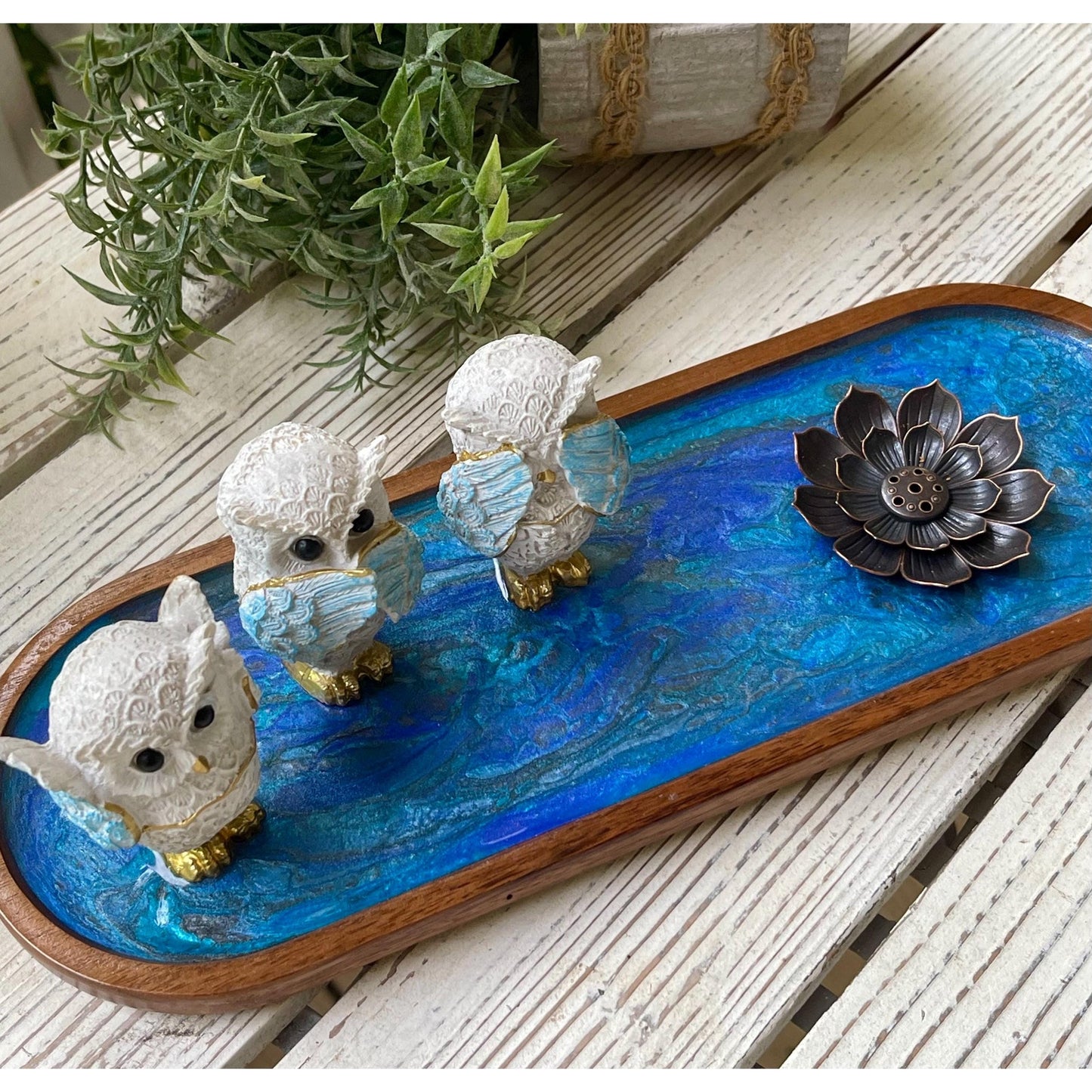 Incense Holder Tray Owl Hear No Evil, Speak No Evil, See No Evil