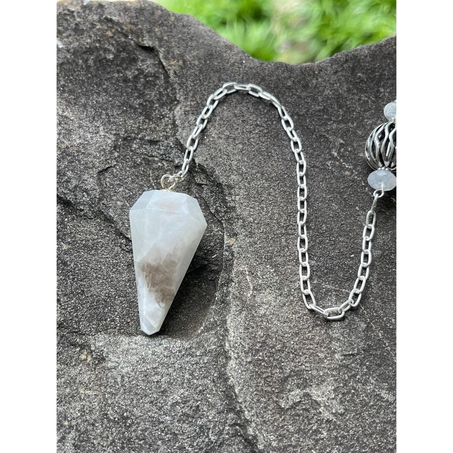 Luxury Moonstone Pendulum with Heavy Sterling Silver Precious Metal Chain | Handcrafted Moonstone Divination Tool | Sterling Silver Handle