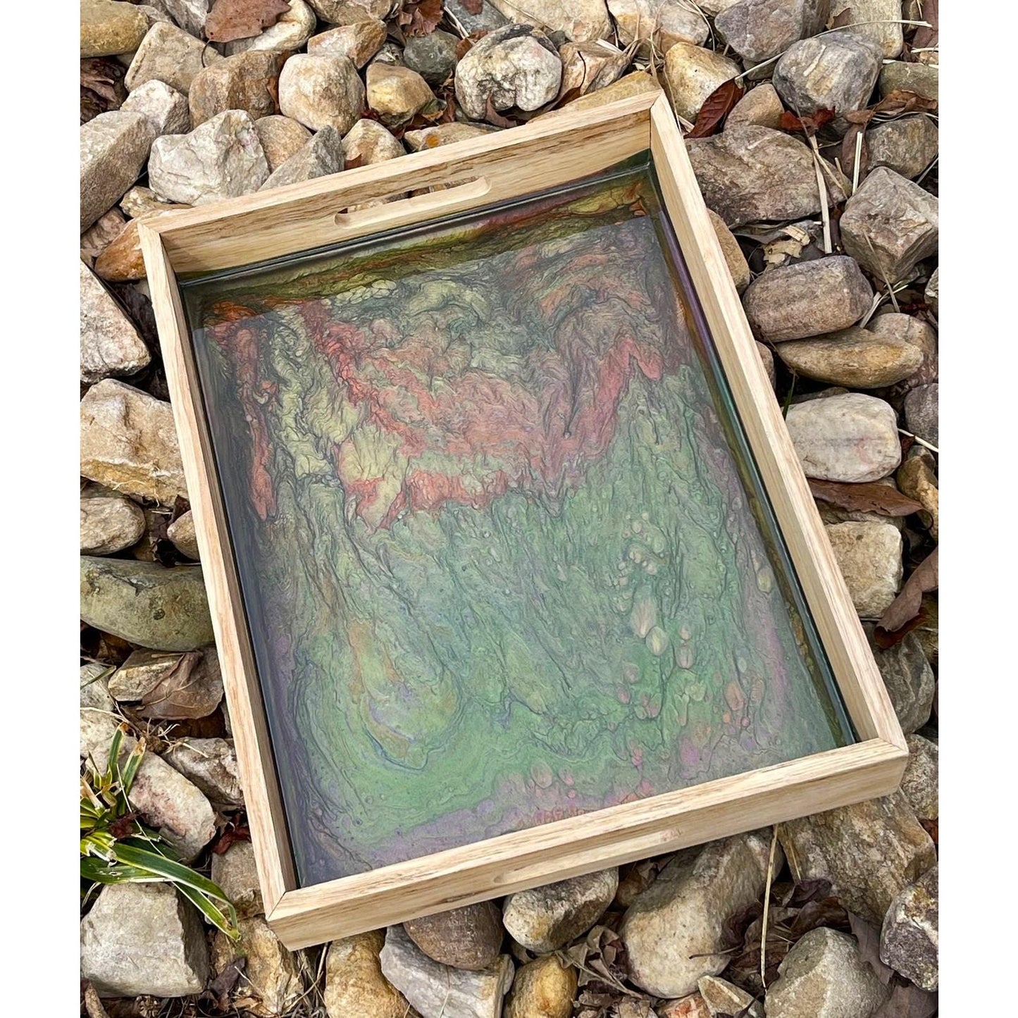 Large Hand Painted Resin Wood Tray • Earth Tone Serving Tray •
