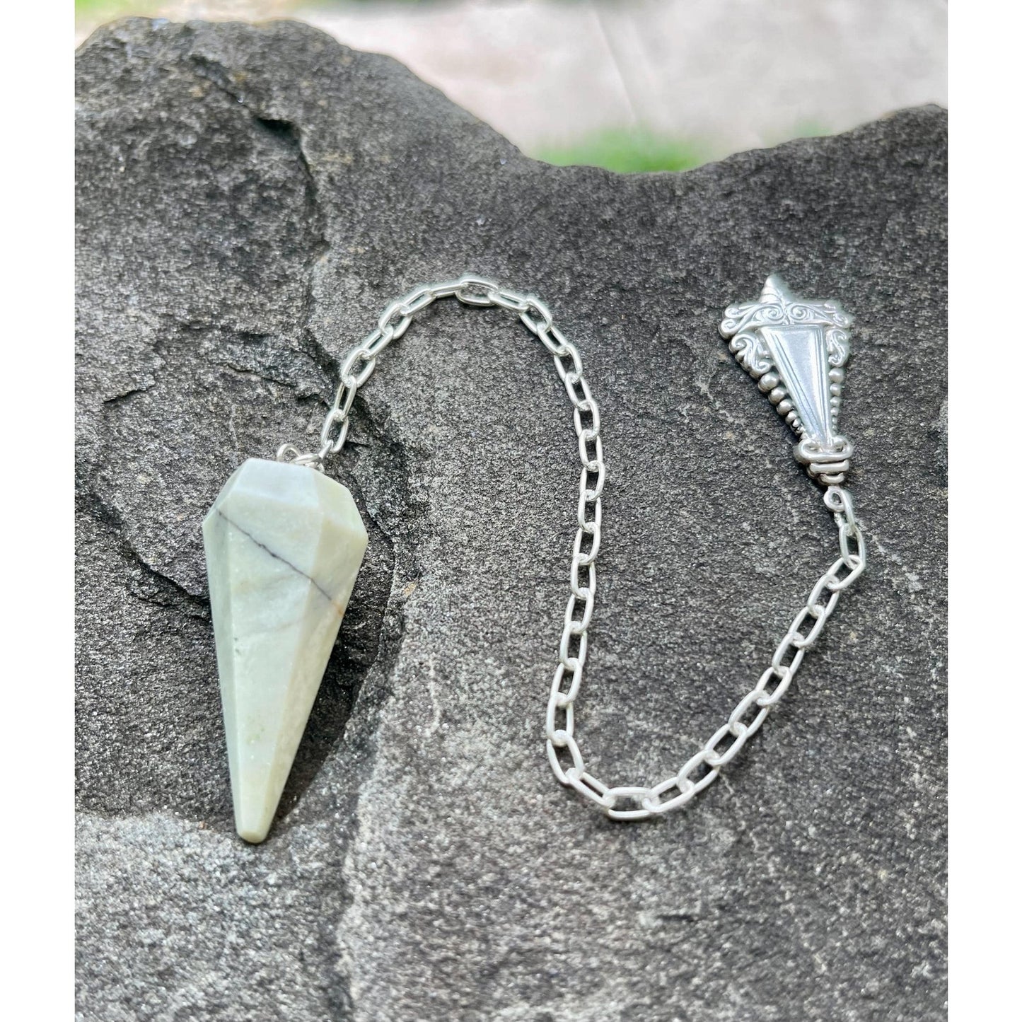 Luxury Serpentine Pendulum with Sterling Silver Handle & Chain | Handcrafted Crystal Divination Tool | Reiki Meditation | One of a Kind