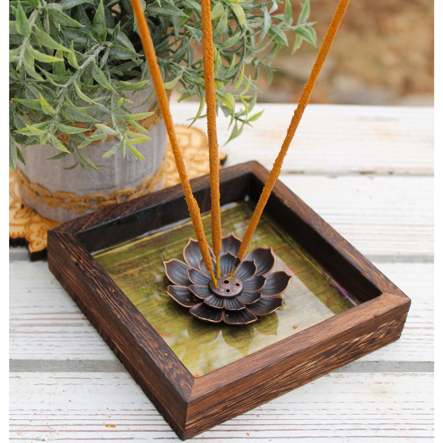 Hand Painted Lotus Incense Holder – Resin Sealed Acrylic Pour Art –