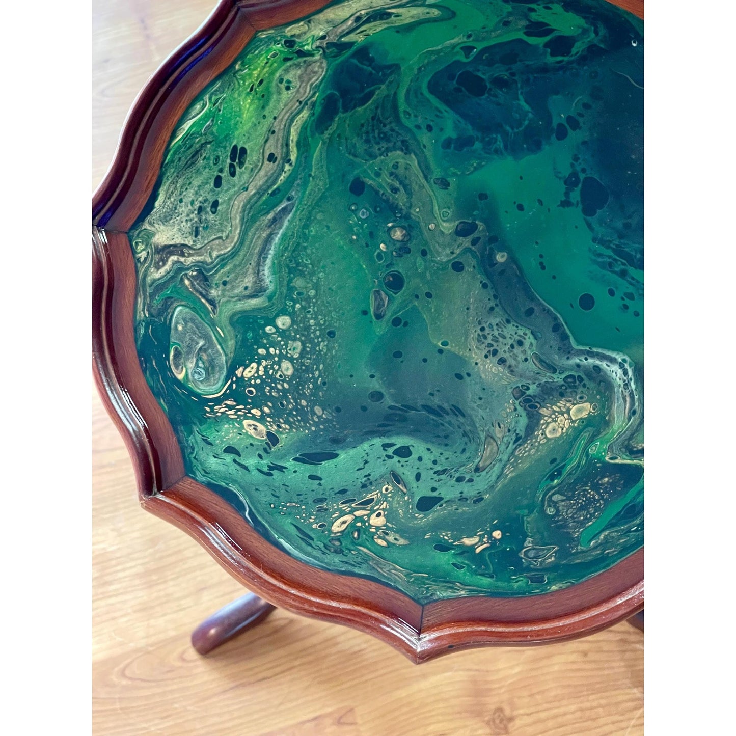 Vintage Resin Art Side Table – Emerald Tide Pour – Hand Painted Wood Table – One of a Kind Accent Table – Upcycled Furniture