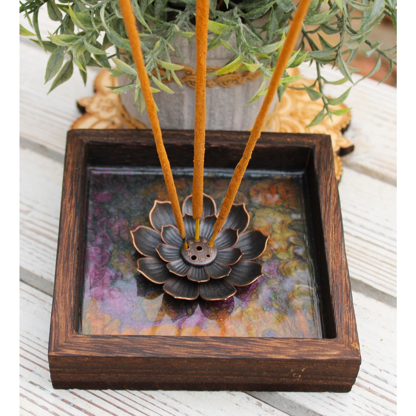 Hand Painted Lotus Incense Holder – Resin Sealed Acrylic Pour Art –