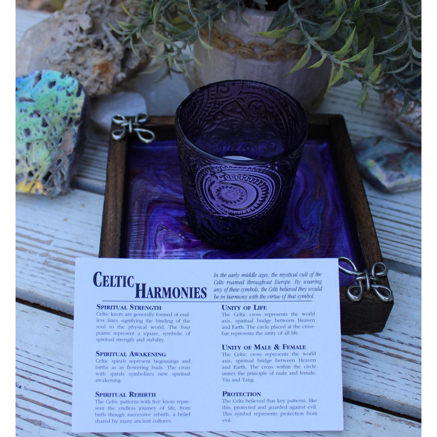 Candle Holder and Candle Celtic Harmony Hand Painted Wood