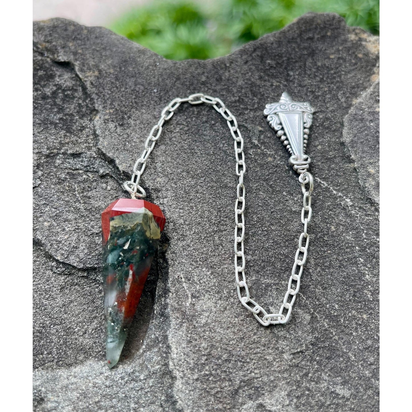 Luxury African Bloodstone Pendulum with Sterling Silver Handle & Chain | Handcrafted Crystal Divination Tool | Reiki Meditation |