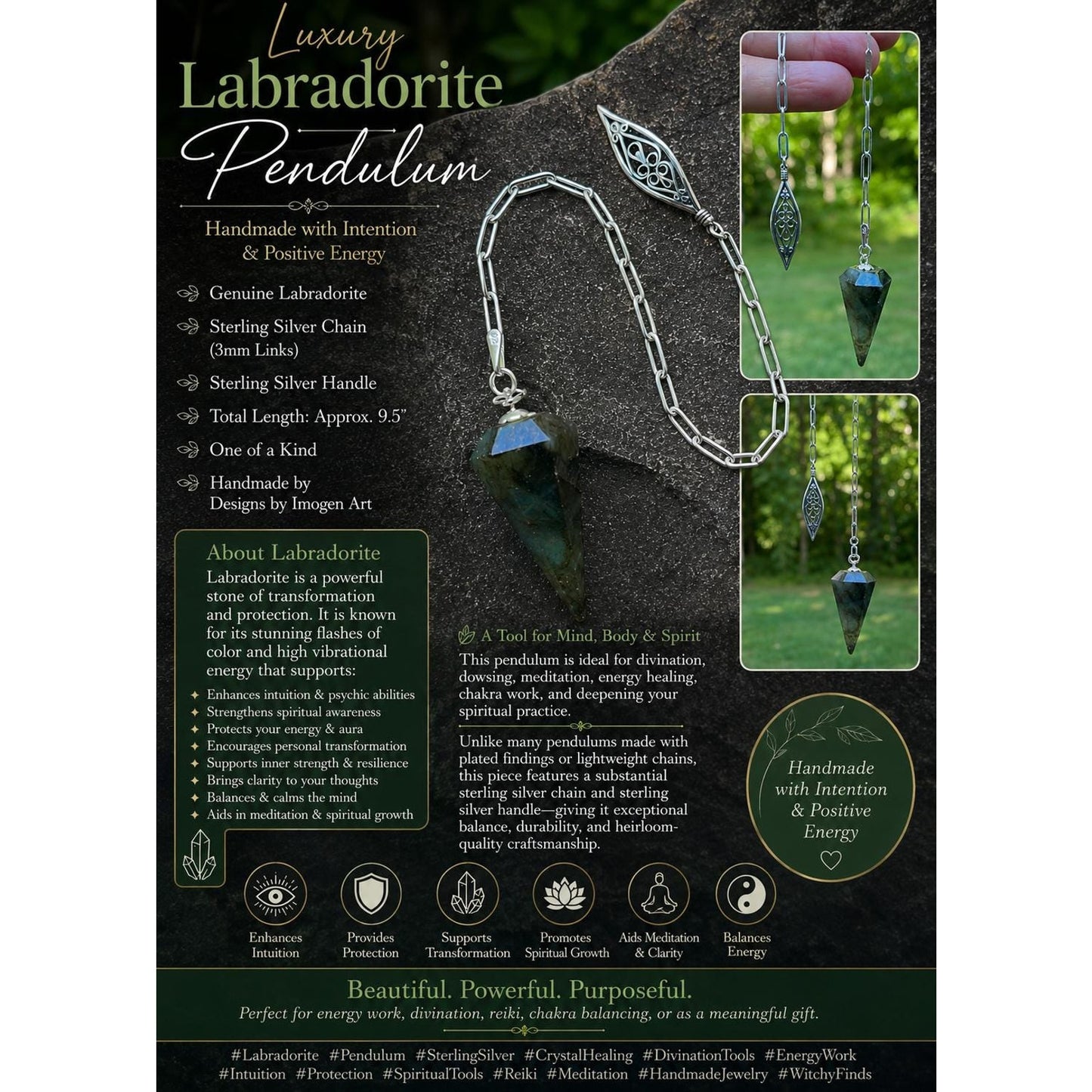 Luxury Labradorite Pendulum | Heavy Sterling Silver Chain | Sterling Silver Handle | Crystal Pendulum | Divination Tool | Handmade Gift