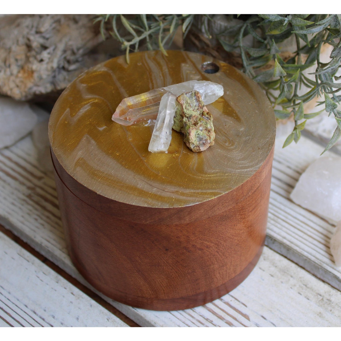 Stash Box, Jewelry Box, Keepsake Box, Hand Painted Box Crystals Unakite, Clear Quartz 4" x 4 x 3"