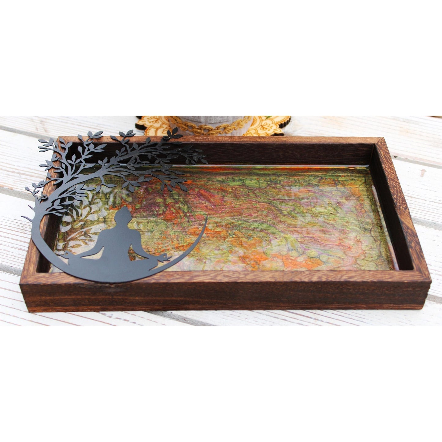 Meditation Altar Set • Resin Wood Tray with Gemstone Soy Candle •