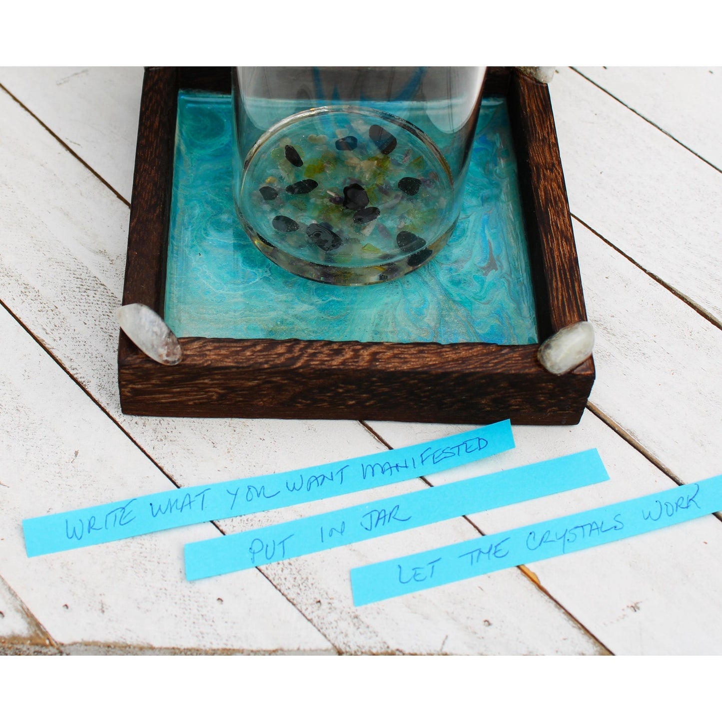 Manifestation Prayer Jar Set with Citrine, Amethyst & Clear Quartz – Hand Painted Tray – Crystal Intention Jar Spiritual Gift Energy Ritual