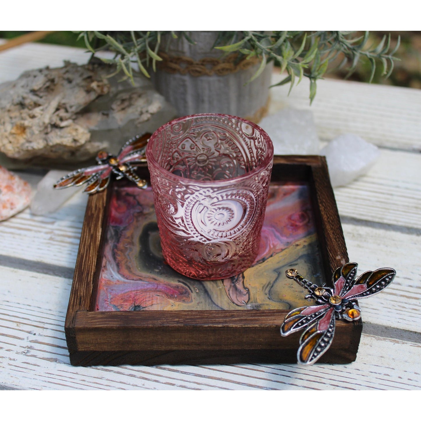Hand Painted Dragonfly Wood Candle Holder: Acrylic Pour