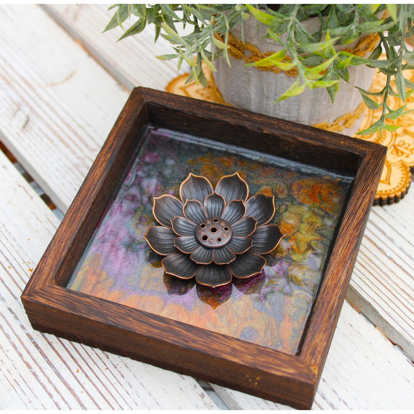 Hand Painted Lotus Incense Holder – Resin Sealed Acrylic Pour Art –