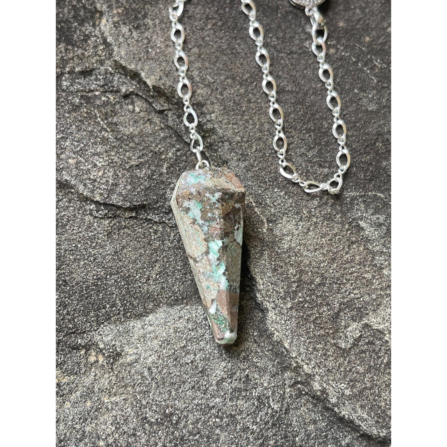 Luxury Sterling Silver Chrysocolla Pendulum with Genuine Diamond Accent
