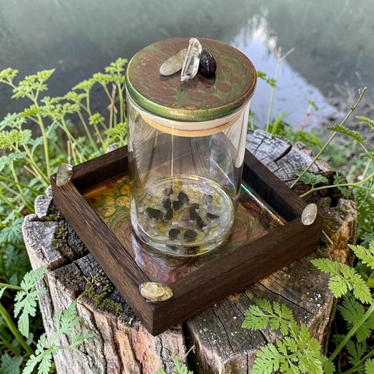 Manifestation Prayer Jar Set with Citrine, Amethyst & Clear Quartz – Hand Painted Tray – Crystal Intention Jar Spiritual Gift Energy Ritual