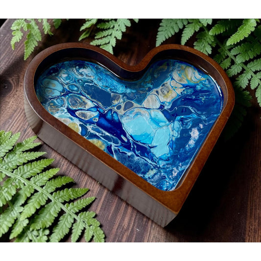 Abyssal Tide Heart Tray – Hand Painted Resin Art Catchall Dish – Ocean Inspired Blue Decor – Jewelry Tray – Coastal Cottage Gift
