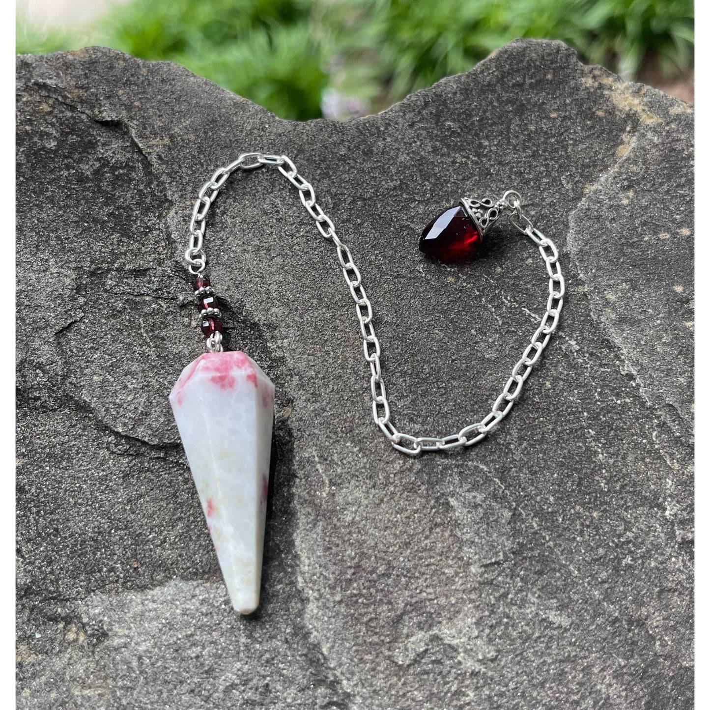 Luxury Cinnabrite Pendulum with Genuine Garnet Handle | Heavy Precious Metal Sterling Silver Chain | Handmade Crystal Pendulum