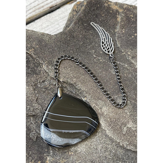 Designs by Imogen Art™ Pocket Peace Collection – Guardian Series Banded Black Agate Meditation Stone with Angel Wing Pocket Comfort Stone