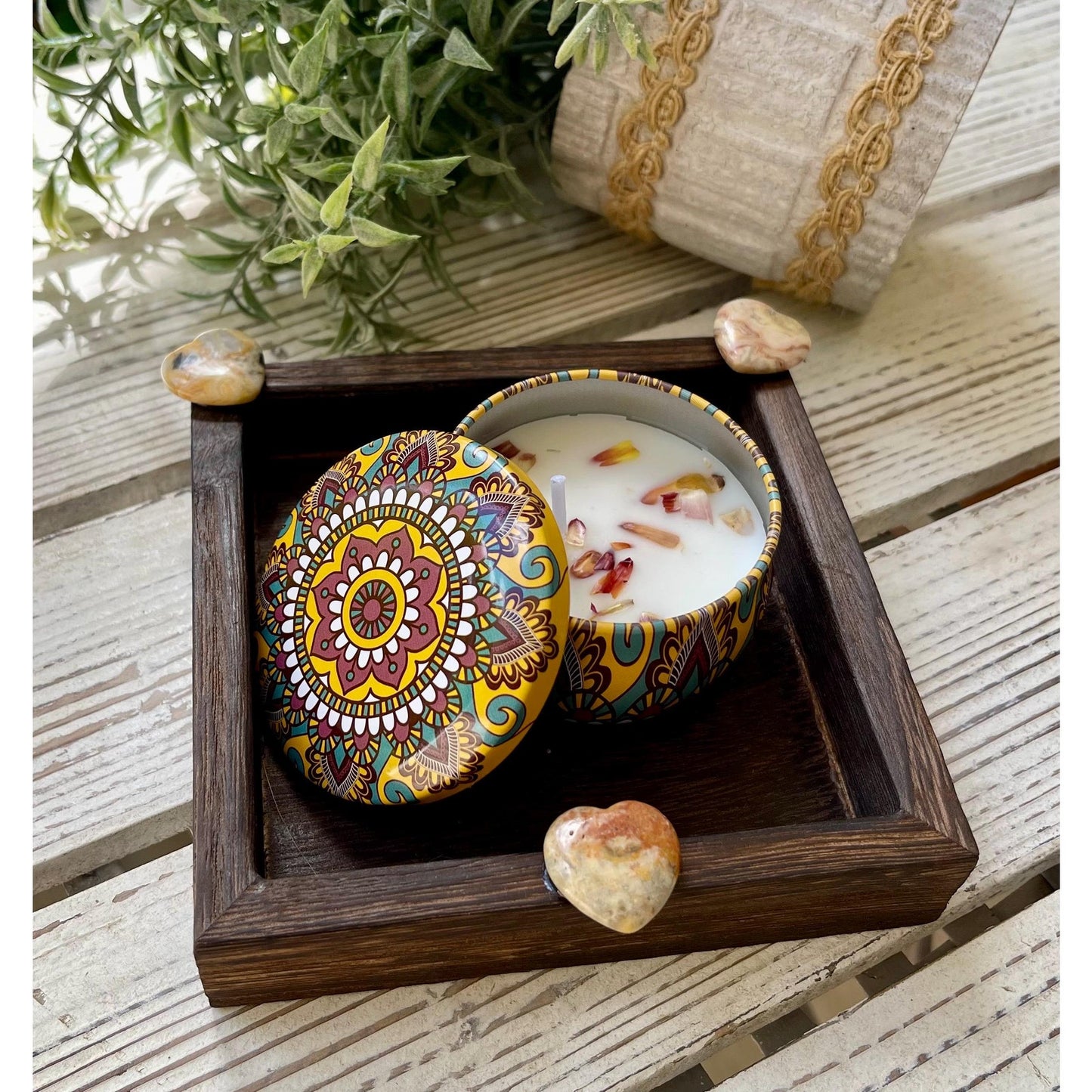 Lace Agate Heart Gift Set | Mini Tray with Soy Candle & Dried Flowers |