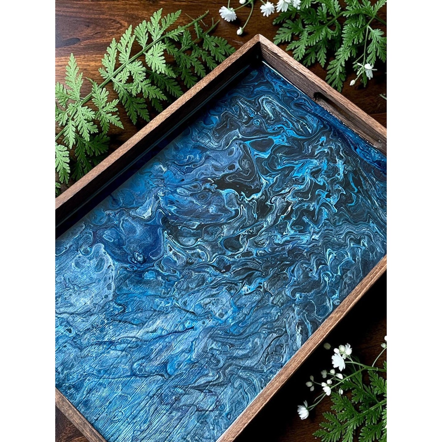 Midnight Tide Lunar Vein Resin Serving Tray | Handmade Ocean Inspired Decor | Moody Blue Resin Art | Luxury Coastal Tray | 18 x 11
