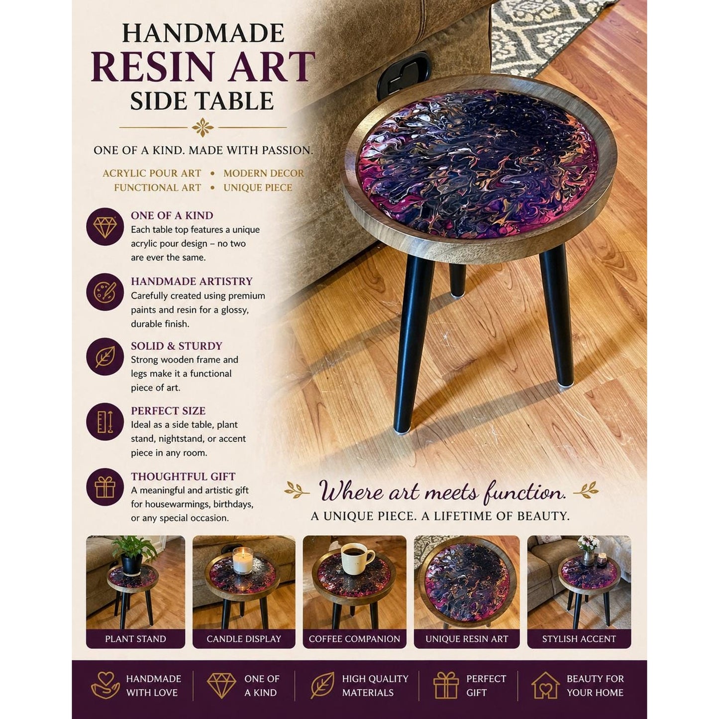 Handmade Resin Art Side Table – Acrylic Pour Accent Table – One of a Kind Modern Decor – Small End Table – Functional Art Furniture