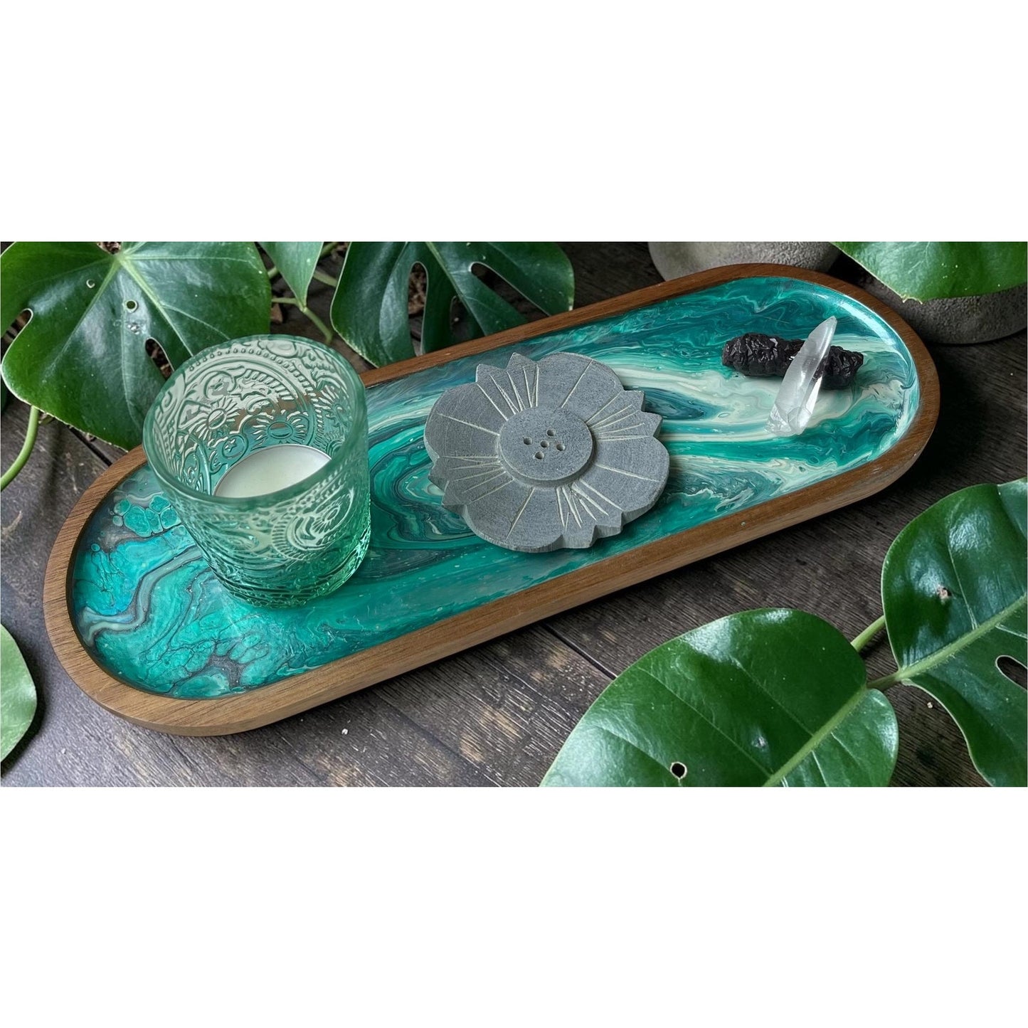 Hand Painted Incense & Votive Tray with Prophecy Stone, Lemurian Seed Quartz – Spiritual Altar Decor – 11” x 4”
