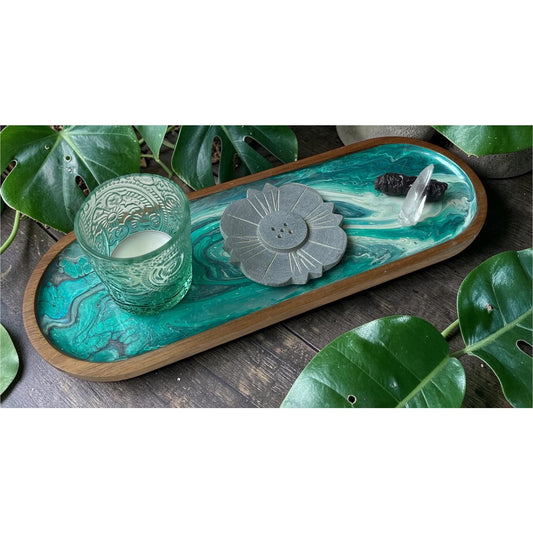 Hand Painted Incense & Votive Tray with Prophecy Stone, Lemurian Seed Quartz – Spiritual Altar Decor – 11” x 4”