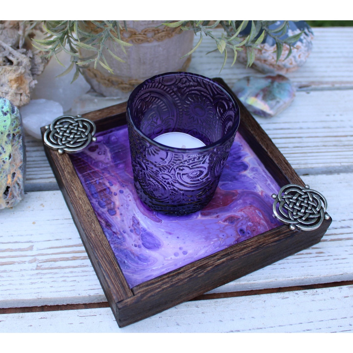 Candle Holder and Candle Celtic Harmony Hand Painted Wood
