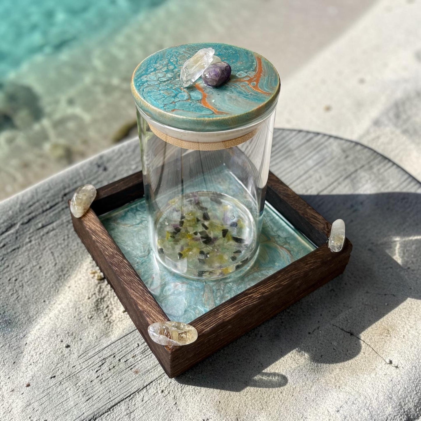 Manifestation Prayer Jar Set with Citrine, Amethyst & Clear Quartz – Hand Painted Tray – Crystal Intention Jar Spiritual Gift Energy Ritual