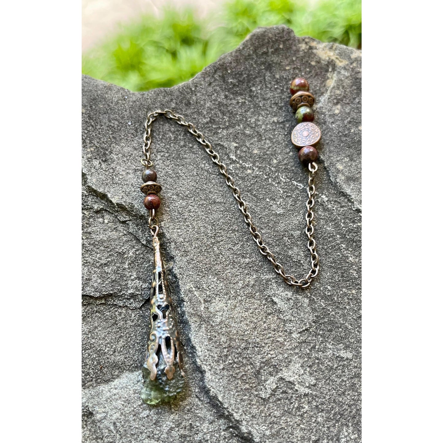 Authentic Moldavite Pendulum | 1.08 Gram Raw Moldavite | Dragon Blood Stone | Includes Certificate of Authenticity Handmade Divination Tool
