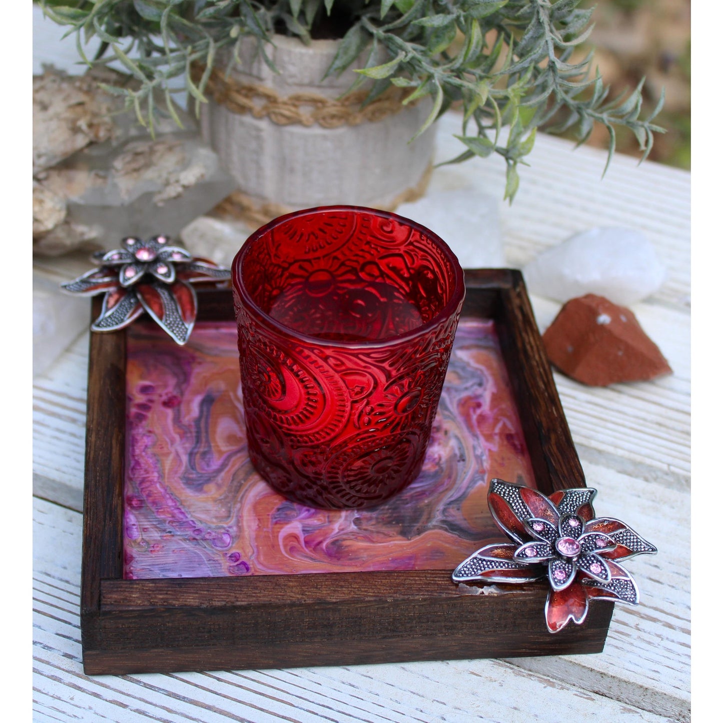 Hand Painted Floral Wood Candle Holder with Glass Votive