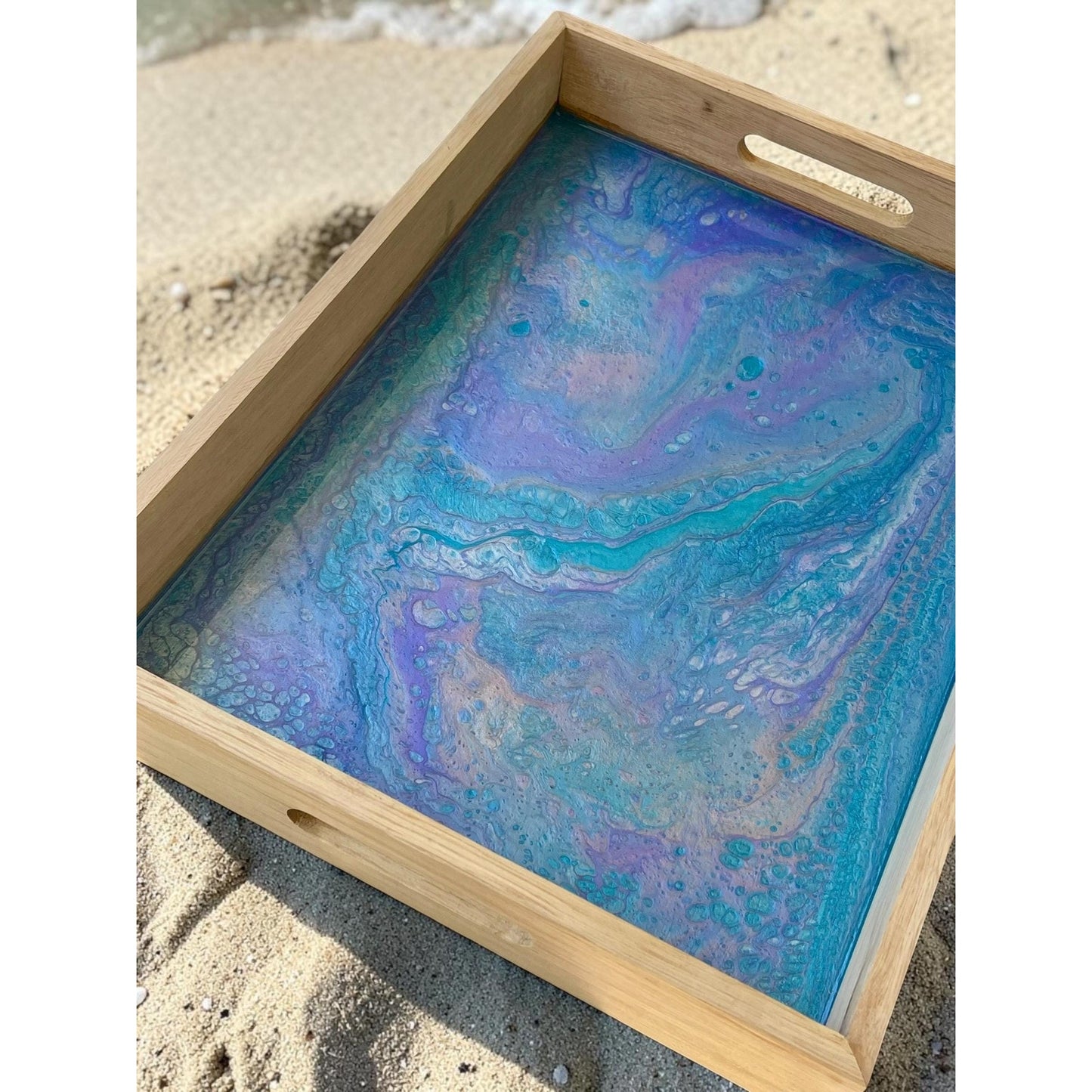 Ocean Dream Resin Tray 16x12 – Teal & Lavender Acrylic Pour Serving Tray