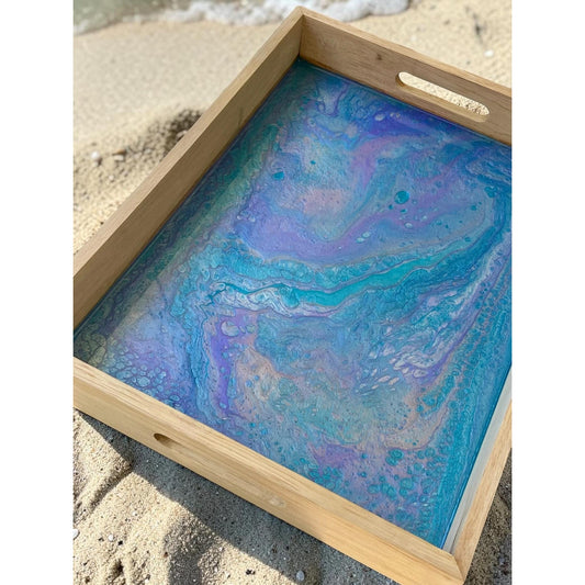 Ocean Dream Resin Tray 16x12 – Teal & Lavender Acrylic Pour Serving Tray