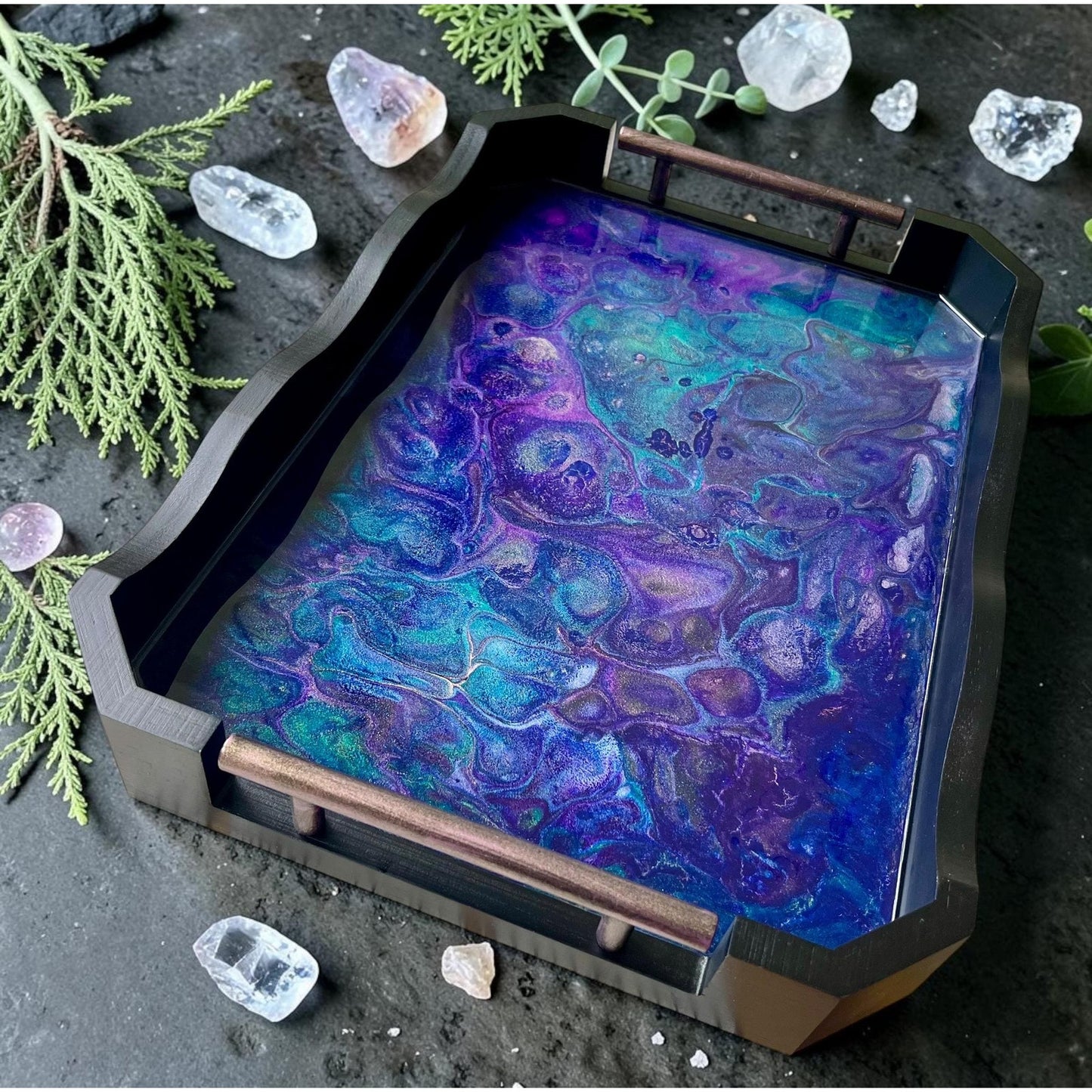 Moonstone Abysse Resin Art Tray | Celestial Decorative Tray | Indigo Teal Fluid Art | Handmade Serving Tray | Luxury Mystic Home Decor