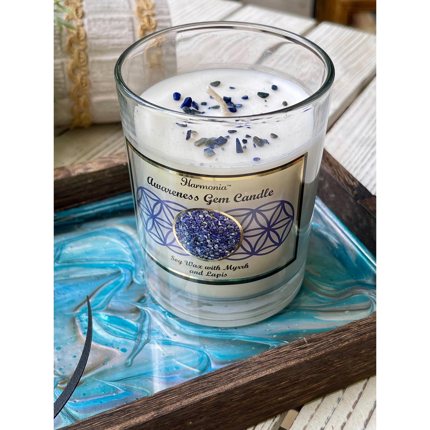 Meditation Altar Set • Resin Wood Tray with Gemstone Soy Candle • Spiritual Decor • Candle & Tray Set • Sacred Space Decor • Ritual Gift