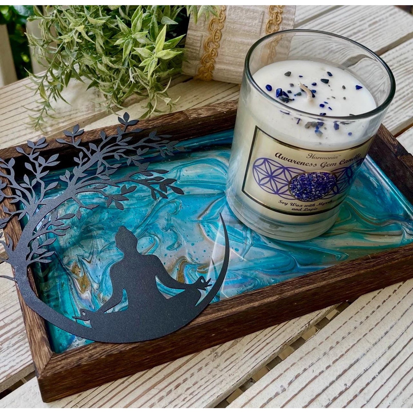 Meditation Altar Set • Resin Wood Tray with Gemstone Soy Candle • Spiritual Decor • Candle & Tray Set • Sacred Space Decor • Ritual Gift
