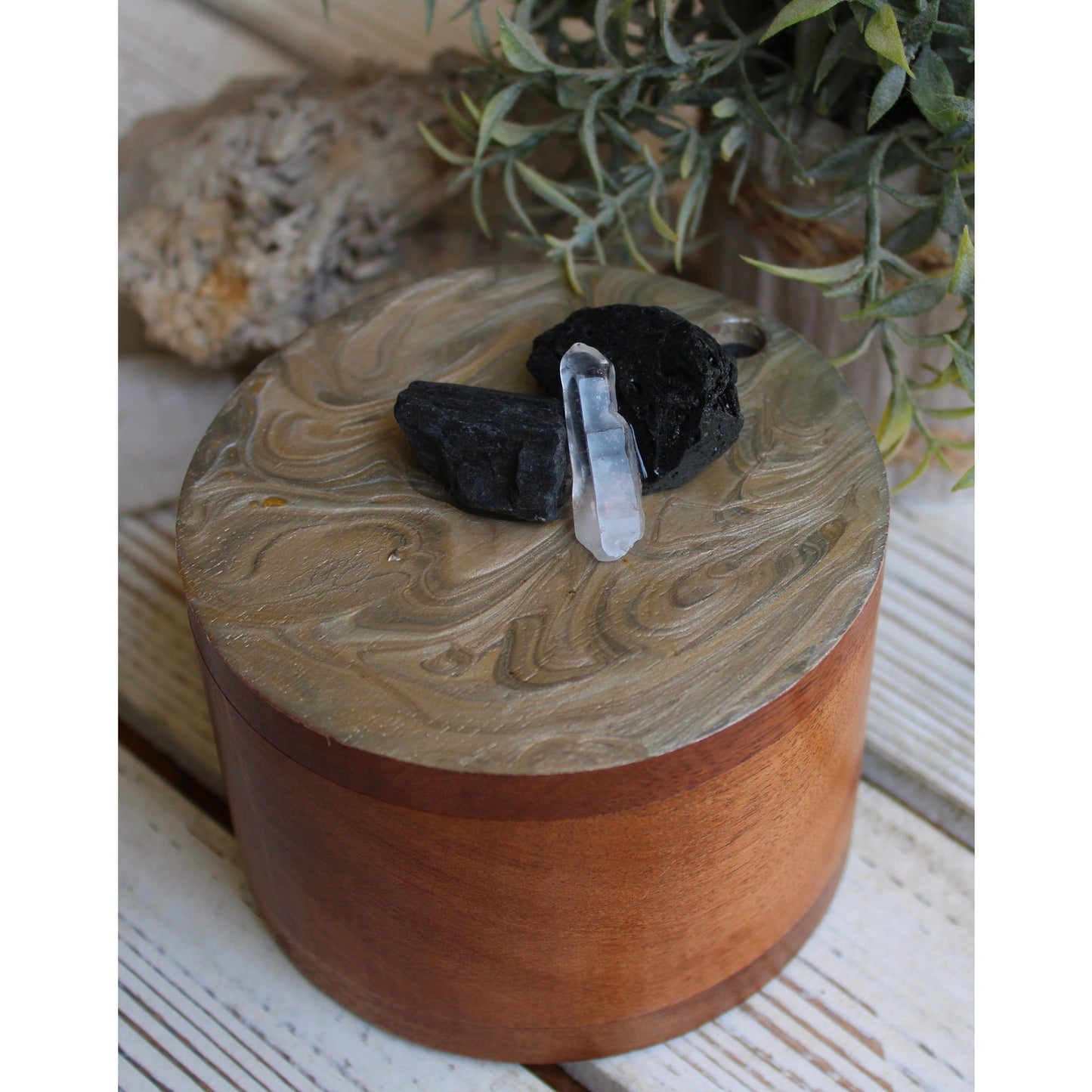Stash Box, Jewelry Box, Keepsake Box, Hand Painted Box Crystals Black Tourmaline, Clear Quartz 4" x 4 x 3"